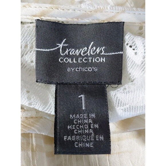 Chico's Travelers Size 1 Sheer Beige Black Open Front Asymmetrical Hem Cardigan - Picture 10 of 11